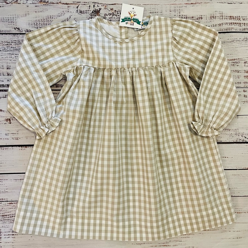 NWT Southern Taters Girls Size 6 Khaki Tan Gingham Ruffle Dress
